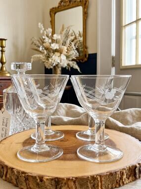Vintage Crystal Cordial Glasses Set of 4 Etched Floral Elegant Barware